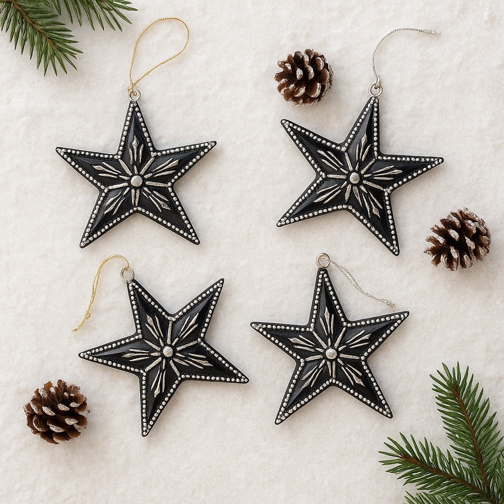 NIB Tinsel & Fir Glass Holiday Ornaments Black Silver Beaded Stars Set 4